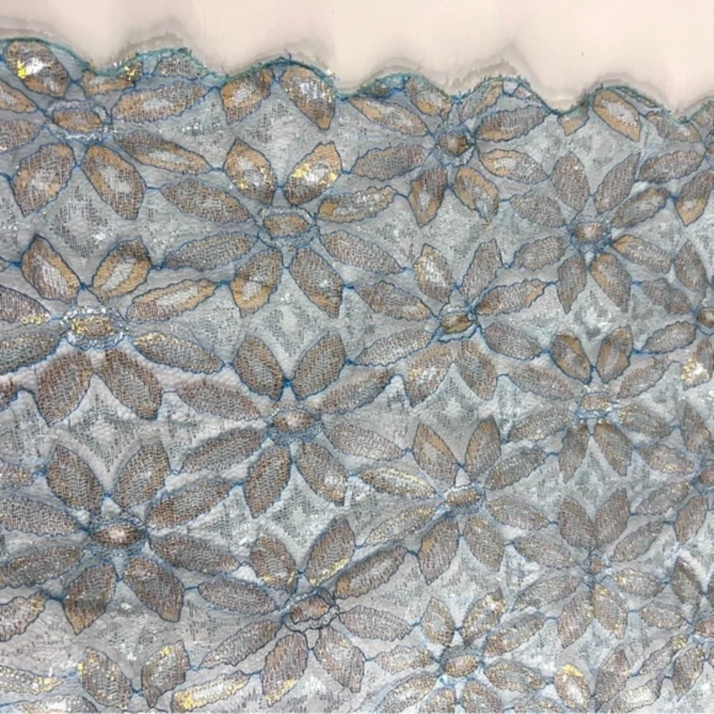 Vintage Blue Silver & Gold Lace Scalloped Edge Kerchief Scarf Ascot Unisex